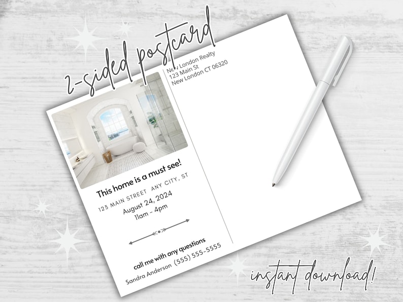 May include: A white and gray bathroom with a large arched window. The text "This home is a must see!" is printed on the postcard. The text "123 MAIN STREET ANY CITY, ST" is printed on the postcard. The text "August 24, 2024" is printed on the postcard. The text "11am - 4pm" is printed on the postcard. The text "call me with any questions" is printed on the postcard. The text "Sandra Anderson (555) 555-5555" is printed on the postcard.