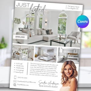 May include: A real estate flyer titled Just Listed for 738 Spruce Street, Los Angeles CA, priced at $980,000. It features photos of a living room, kitchen, bedroom, and bathroom, with property details including 4,022 sqft, 4 bedrooms, 3 bathrooms, and a 3-car garage.