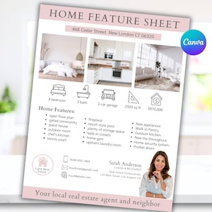 Home Feature Sheet Real Estate Open House Flyer Template: Canva Editable Realtor Marketing (Digital Download)