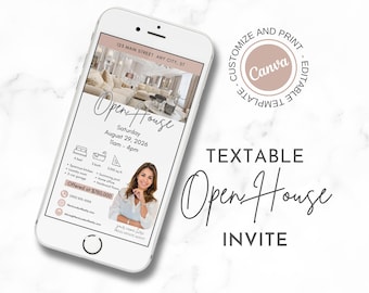Pode incluir: Um smartphone branco exibindo um modelo de convite digital para um open house. A tela mostra uma foto de uma sala de estar, o texto Open House, data, hora, detalhes da propriedade, a foto de uma pessoa e informações de contato. O texto Customize and Print Editable Template é visível em um emblema circular.