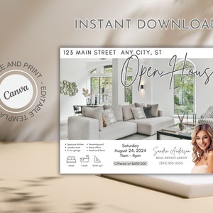 May include: Open house announcement postcard with a photo of a modern living room with a large sectional sofa, a coffee table, and a large window. The text on the postcard includes the address, date, time, and price of the open house. The realtor's name and contact information are also included.