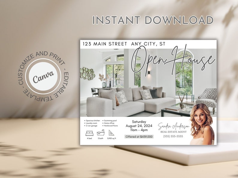 May include: Open house announcement postcard with a photo of a modern living room with a large sectional sofa, a coffee table, and a large window. The text on the postcard includes the address, date, time, and price of the open house. The realtor's name and contact information are also included.