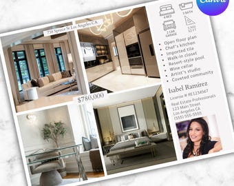 Pode incluir: Um folheto imobiliário para 738 Spruce St Los Angeles CA apresentando quatro fotos internas de uma casa, incluindo sala de estar, cozinha, quarto e escritório, juntamente com detalhes da propriedade, contato do agente e um retrato.
