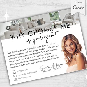 May include: White postcard with the text "WHY CHOOSE ME as your agent?" and a photo of a woman. The text includes a description of a real estate agent's services. The postcard is labeled "Made in Canva."