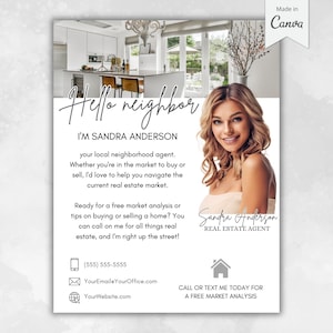 May include: A real estate advertisement featuring a headshot of Sandra Anderson, a real estate agent. The flyer includes the text "Hello neighbor" and contact information. The background shows a modern kitchen.