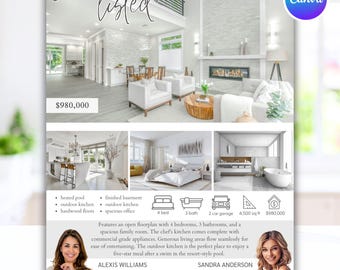 Pode incluir: Um folheto imobiliário intitulado Just Listed para 738 Spruce Street em Los Angeles, CA. Apresenta uma foto grande de uma sala de estar branca, fotos menores de cozinha, quarto e banheiro, detalhes do imóvel e contatos de dois agentes.