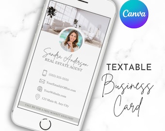 Pode incluir: Um smartphone exibe um design de cartão de visita para Sandra Anderson, agente imobiliária. O cartão apresenta uma foto, detalhes de contato e o texto "TEXTABLE Business Card". Um logotipo da Canva está no canto superior direito. O telefone está em uma superfície de mármore.