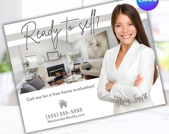 Pode incluir: Um cartão postal imobiliário com o texto "Ready to sell?" e uma foto de uma mulher sorrindo com um blazer branco. O cartão postal inclui informações de contato e uma imagem de interior de casa. O logotipo Canva está no canto superior direito.