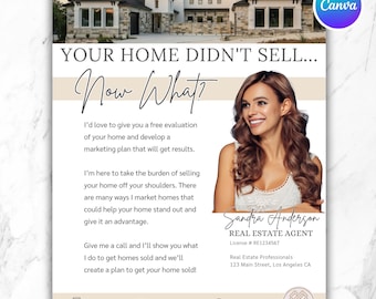 Pode incluir: Um folheto de marketing imobiliário com uma grande casa de luxo no topo, o texto YOUR HOME DIDN'T SELL... Now What?, uma foto de uma agente sorridente chamada Sandra Anderson e detalhes de contato incluindo telefone, e-mail e site.