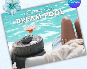 Pode incluir: Imagem promocional com o texto "LET'S FIND YOUR DREAM POOL" sobre um fundo de água turquesa. Um cocktail está sobre uma mesa de madeira, e uma pessoa está relaxando por perto. Uma flor azul está no canto superior esquerdo.