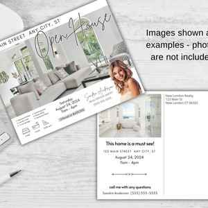 May include: A real estate open house postcard with a photo of a living room and a bathroom. The postcard includes the address, date, time, and contact information for the real estate agent. The text on the postcard reads: "123 Main Street Any City, ST Open House Saturday August 24, 2024 11am - 4pm Offered at $450,000 Sandra Anderson Real Estate Agent (555) 555-5555 This home is a must see! 123 Main Street Any City, ST August 24, 2024 11am - 4pm call me with any questions Sandra Anderson (555) 555-5555 New London Realty 123 Main St New London CT 06320"