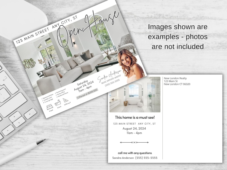 May include: A real estate open house postcard with a photo of a living room and a bathroom. The postcard includes the address, date, time, and contact information for the real estate agent. The text on the postcard reads: "123 Main Street Any City, ST Open House Saturday August 24, 2024 11am - 4pm Offered at $450,000 Sandra Anderson Real Estate Agent (555) 555-5555 This home is a must see! 123 Main Street Any City, ST August 24, 2024 11am - 4pm call me with any questions Sandra Anderson (555) 555-5555 New London Realty 123 Main St New London CT 06320"