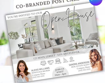 Pode incluir: Um cartão postal de visita aberta com marca compartilhada apresentando uma foto de uma sala de estar moderna, o texto "YOU'RE INVITED TO OUR Open House", "123 MAIN STREET LOS ANGELES CA", "ALEXIS WILLIAMS MORTGAGE BROKER" e "SANDRA ANDERSON REAL ESTATE AGENT".