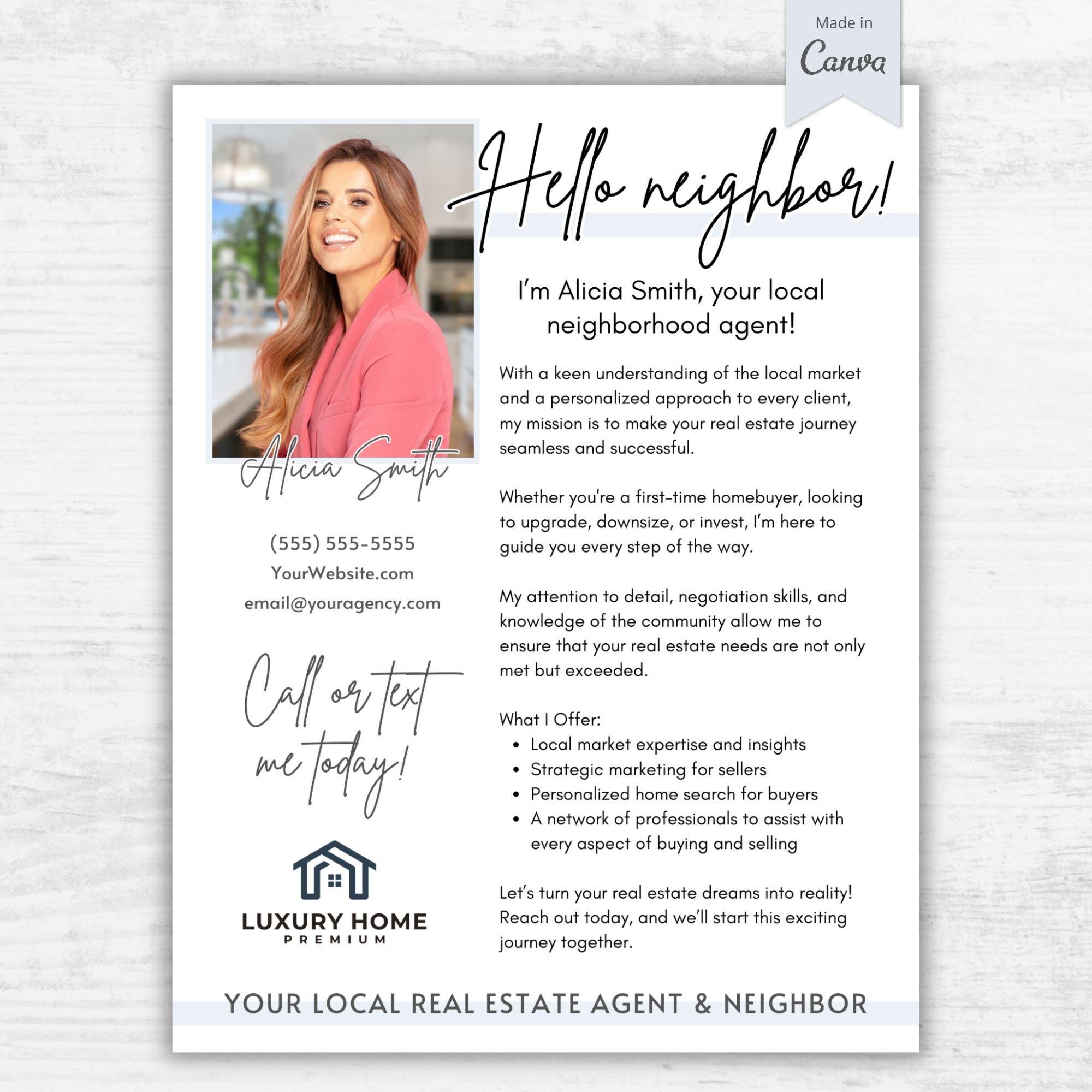 Real Estate Introduction Flyer: Hello Neighbor Realtor Template (edit ...