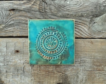 Handmade ceramic turquoise kitchen tile, Garden wall art tile, Single decor ceramic tile on the wall, Tile for bathroom shower wall decor