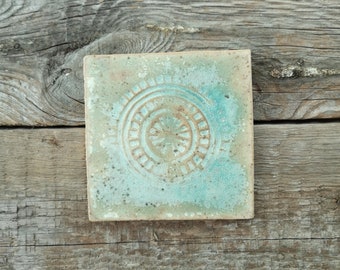 Handmade fireplace tile, Ceramic turquoise decorative tile, Unique tile for bathroom wall, Decor for rustic kitchen, Rustic pottery tile