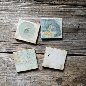 Set of 4 ceramic small tiles, Mosaic art tile for shower wall, Decorative art tiles for rustic kitche, Handmade ceramic garden tiles