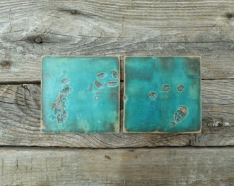 Handmade turquoise wall decor, Set of 2 ceramic tiles art, Decorative ceramic wall tiles, Unique tiles for bathroom, Mediterranean decor