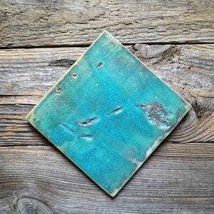 Handmade ceramic turquoise kitchen tile, Garden wall art tile, Single decor ceramic tile on the wall, Tile for bathroom shower wall decor