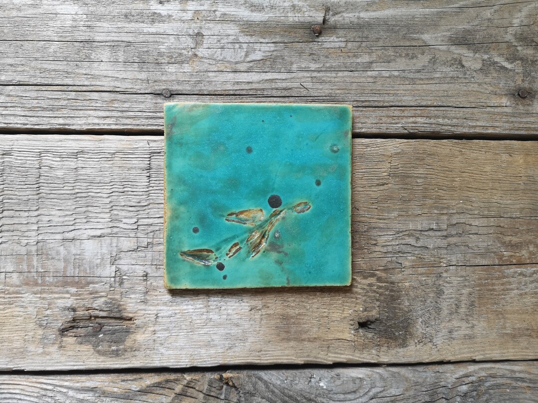 Garden Wall Art Tile, Mediterranean Handmade Ceramic Turquoise Tile