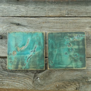 Handmade turquoise ceramic tiles, Set of 2 ceramic tiles art, Decorative ceramic wall tiles, Unique tiles for bathroom, Mediterranean decor