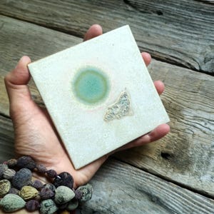 Green, Tile decor for rustic home, Border tile for fireplace, Handmade ivory kitchen tile, Garden wall art tile, Artisan tile for backsplash