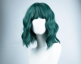 Green Wavy Short Bob Wig With Air Bangs | Synthetic Wigs | Retro | Cosplay | Party Wigs