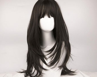 Dark Brown Natural-Looking Long Length Wig With Bangs | Synthetic Wigs | Party Wigs | Everyday Wear Wigs