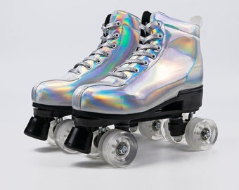 Unisex Boot Styles Adult Roller Skates Holographic Silver Rainbow Roller Disco