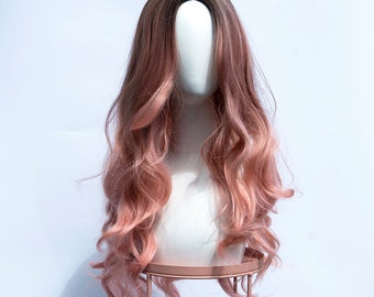 Ombre Brown to Hot Pink Long Length Wavy Wig | Synthetic Wigs | Party Wigs | Everyday Wear Wigs