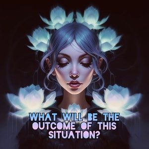 Puede incluir: Arte digital de una mujer con los ojos cerrados, rodeada de flores de loto azules brillantes. La mujer tiene el pelo azul y lleva una parte superior oscura. El texto en la parte inferior dice: "¿CUÁL SERÁ EL RESULTADO DE ESTA SITUACIÓN?"
