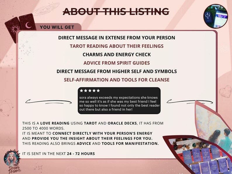 Do They Miss Me Reading - Ex Lover | In Separation | Looking for guidance | Closure | Reconciliation | Advice | Quick Reading | Soulmate
Love Reading for separation with audio available, reading with 46 to 70 cards with direct message, advice from higher self and guides, tools for cleansing and self-affirmations. 
Made in 24 to 72 Hours.