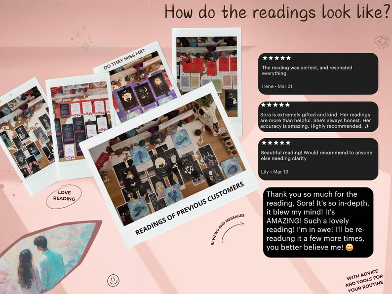 Do They Miss Me Reading - Ex Lover | In Separation | Looking for guidance | Closure | Reconciliation | Advice | Quick Reading | Soulmate
Love Reading for separation with audio available, reading with 46 to 70 cards with direct message, advice from higher self and guides, tools for cleansing and self-affirmations. 
Made in 24 to 72 Hours.