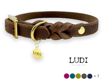 Collar "Ludi" in soft leather partially braided | personalizable with name + mobile number |