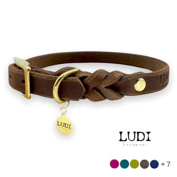 Halsband "Ludi" aus weichem Leder teilgeflochten | personalisierbar mit Namen + Handynummer |