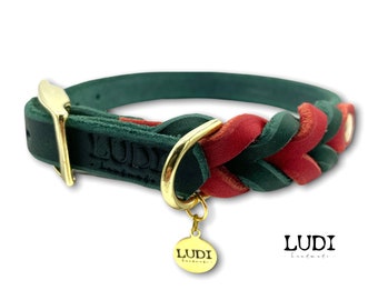 Collar "Side by Side" Red/fir leather for dogs *customizable with name + mobile phone number