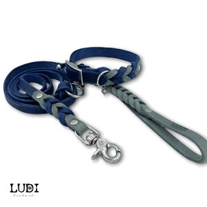 May include: A blue and gray braided leather dog collar and leash set with silver hardware. The leash has a silver clip and the collar has a silver buckle. The set is handmade by LUDI.