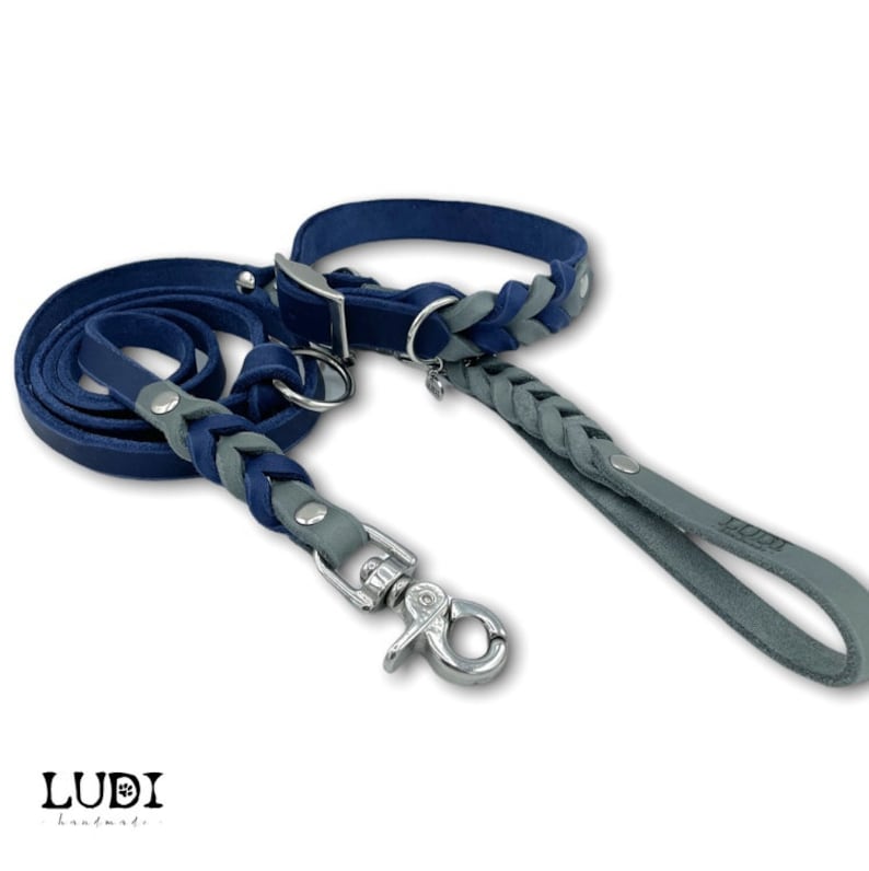 May include: A blue and gray braided leather dog collar and leash set with silver hardware. The leash has a silver clip and the collar has a silver buckle. The set is handmade by LUDI.