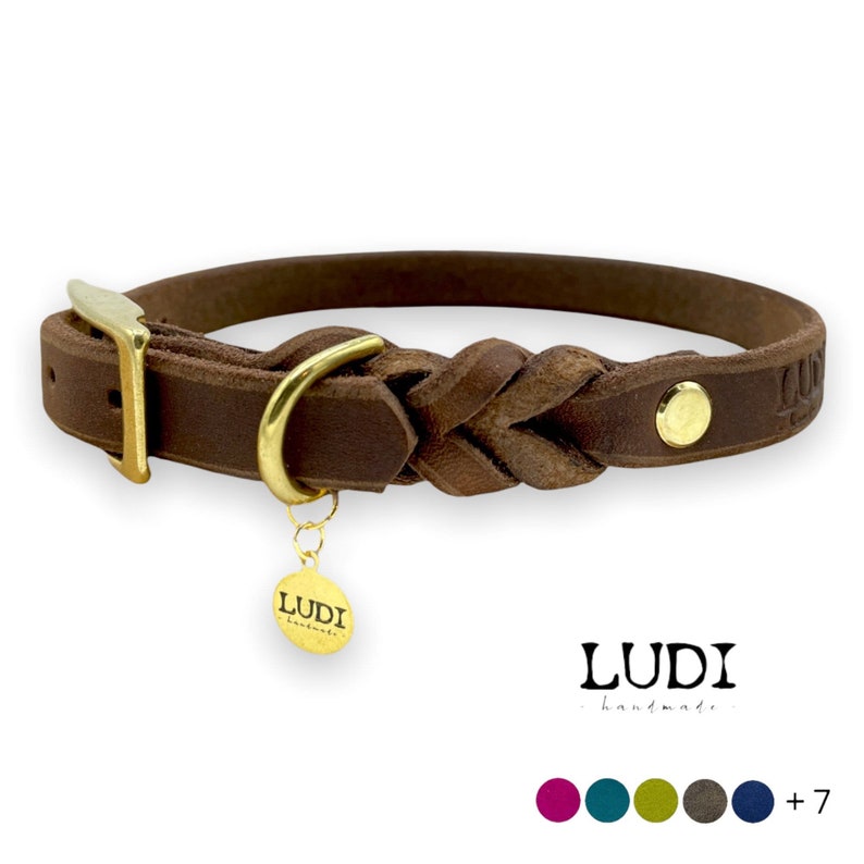 Halsband Ludi aus weichem Leder teilgeflochten personalisierbar mit Namen Handynummer Bild 1