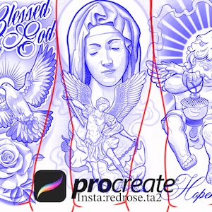 Procreate tattoo stump, Heavenly Tattoo Designs, Holy Tattoo Design, Tattoo Stencil, Procreate tattoo brush, Tattoo Design, Sleeve tattoo