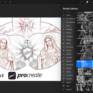 Puede incluir: Una ilustración digital de una escena religiosa con las palabras "Hope" y "Faith" escritas en cursiva. La imagen se crea utilizando la aplicación Procreate y presenta una selección de pinceles del conjunto de pinceles "Vol. 2 Heavenly".