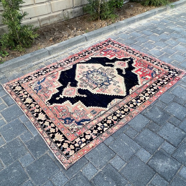 Persian Square Rug, Persian Special Rug, Antique Rug, Soft Persian rug, medallion rug, Persian oriental rug, Sugar Pink Black Rug, 4'5 x 6'2