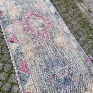 Handmade Turkish Hallway Runner, Vintage Wool Rug, 3x12 Area Rug, Pastel Turkish Carpet, Bohemian Style Rug, Geometric Design Rug