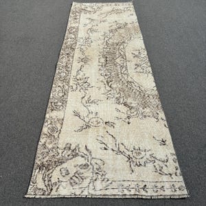Vintage Turkish Runner Rug, Beige and Grey Floral Design, 3x8ft, Elegant Hallway Carpet, Distressed Pattern Home Decor