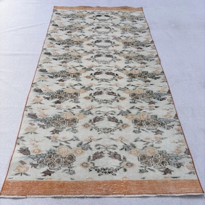 Vintage Turkish Area Rug, Floral Pattern, Soft Pastel Tones, 4x9ft, Elegant Home Decor, Woven Floor Carpet