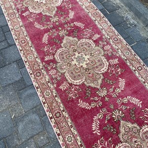Vintage Turkish Runner Rug, Floral Design, Handmade, Traditional Decor, Pink and Beige, Wool Carpet, 3x13ft