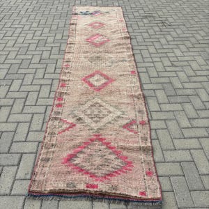 Turkish Runner Rug Vintage Handmade Pink 86x348cm 3x11ft Anatolian Bohemian Wool Carpet Unique Design