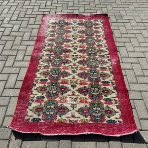 Vintage Turkish Rug, Handmade Anatolian Carpet, 4x6 ft, Bohemian Home Decor, Beige Red Wool, Floral Pattern, Living Room Accent