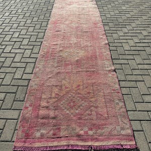Turkish Runner Rug Vintage Anatolian Carpet 3x12ft Pink Hallway Long Kitchen Decor Handmade Floor Art