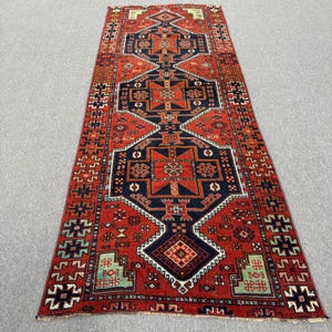 Turkish Runner Rug 3.1x8.2 ft, Red Blue Patchwork Rug Wool